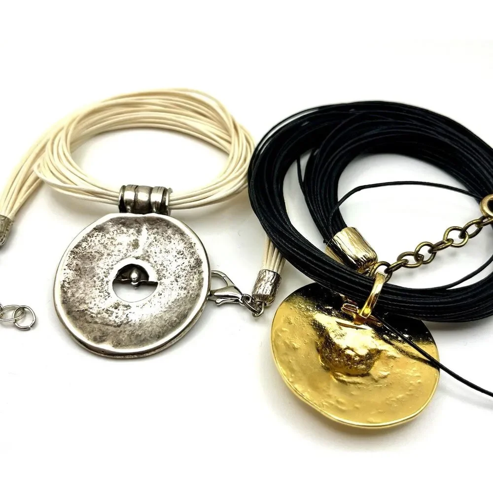 Multi Strand Necklaces Black And Gold & Silver Circle Pedant Pendants Women's